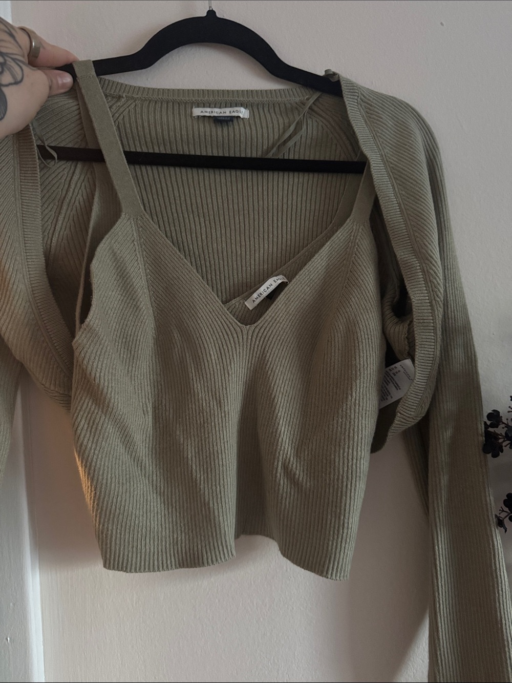 American Eagle Outfitters Olive Ribbed V-Neck Crop Tank with Cardigan